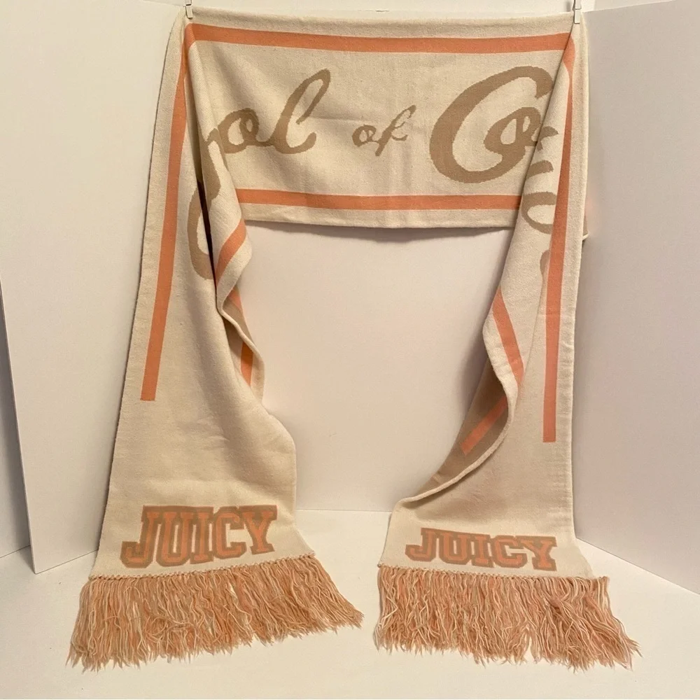 Juicy Couture Oversized Reversible School of Couture Scarf Peach/ Ivory/ Beige - Picture 12 of 15